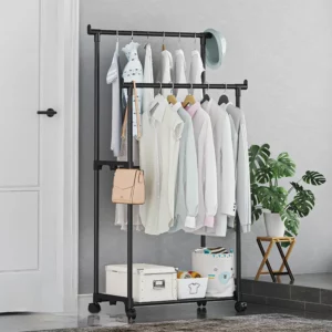 Simple Wheeled Single Double Pole Clothes Rack, Bedroom Multi-purpose Clothes Storage Shelf, Household Multi-layer Clothes Racks